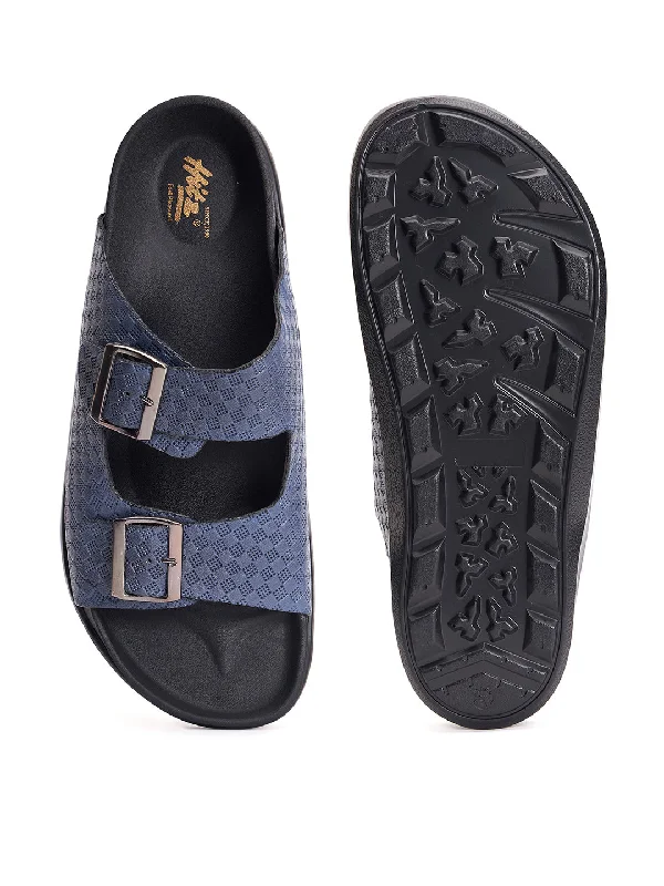 Hitz Men's Blue Leather Open Toe Slippers