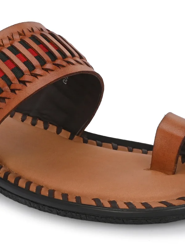 Hitz Men's Tan Leather Kolhapuri Ethnic Wear Slippers